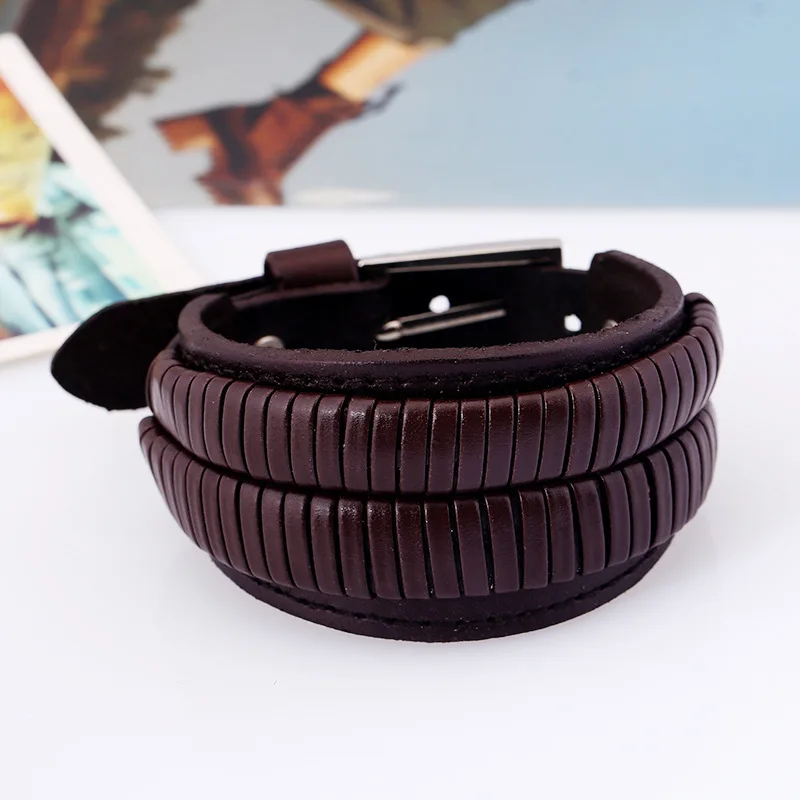 Мужской широкий браслет с двойной кожаной застежкой Винтажные Ювелирные