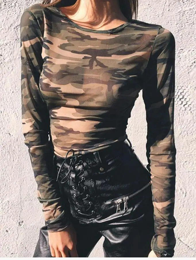2017 Зимняя Сексуальная камуфляжная перспективная футболка женская с длинным