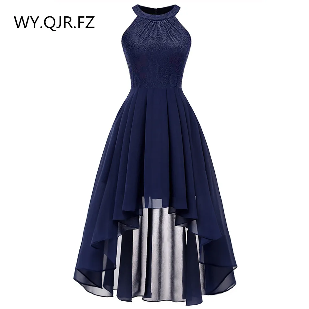 OML538#Neck Lace Chiffon halter Bridesmaid Dresses Front High Back low Dark Blue Fink Wine Red Violet prom party dress wholesale