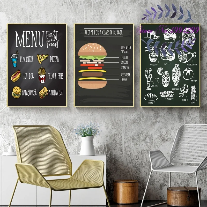 Menu Fast Food Classic Burger Poster Canvas Art Print Home Decor | Дом и сад