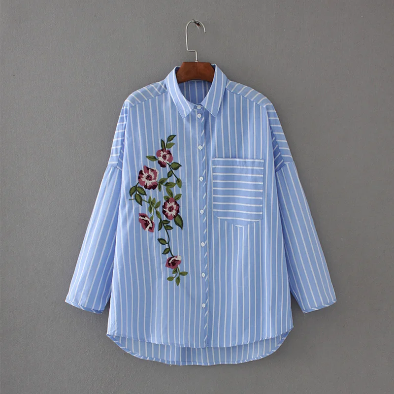 TFMLN Women Embroidered Blouses 2018 Spring Autumn Blue Striped Long Sleeve Shirt Tops New Blusas Camisas Femininas Female Blusa |