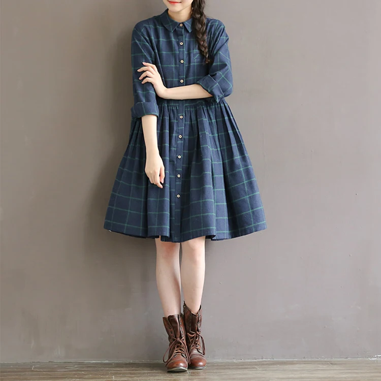 

New Spring Autumn Casual Loose Waist Plaid Dress Cotton Plus Size S-2XL Women Clothing Mori Girl Female Princess Dress Robe