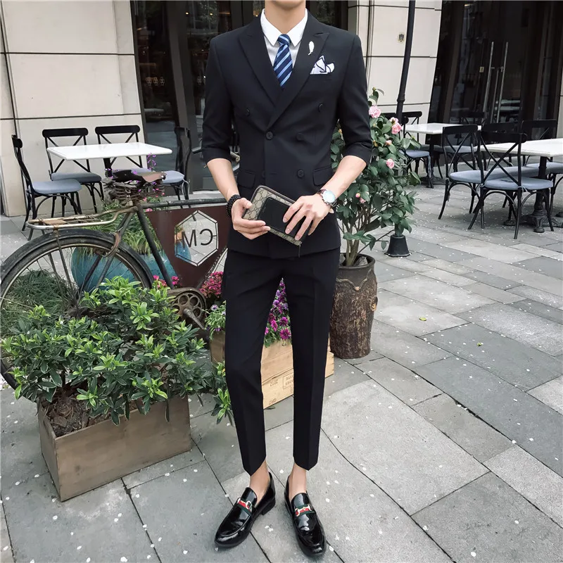 Costume Double Boutonnage Homme Man Slim Fit 3Pcs Sets Mid-sleeve Blazers+Vest+Pants/Shorts Business Casual Dress Male | Мужская одежда