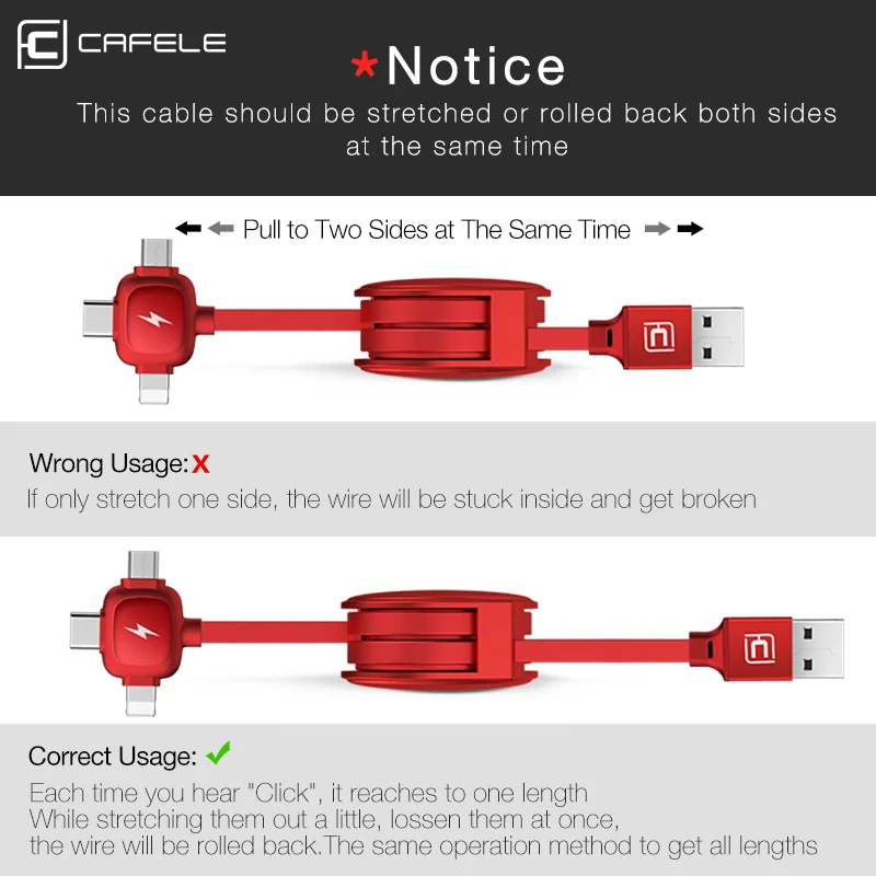 CAFELE 3 в 1 Выдвижной кабель type C Micro USB Кабели usb для зарядки iPhone samsung huawei Xiaomi кабели