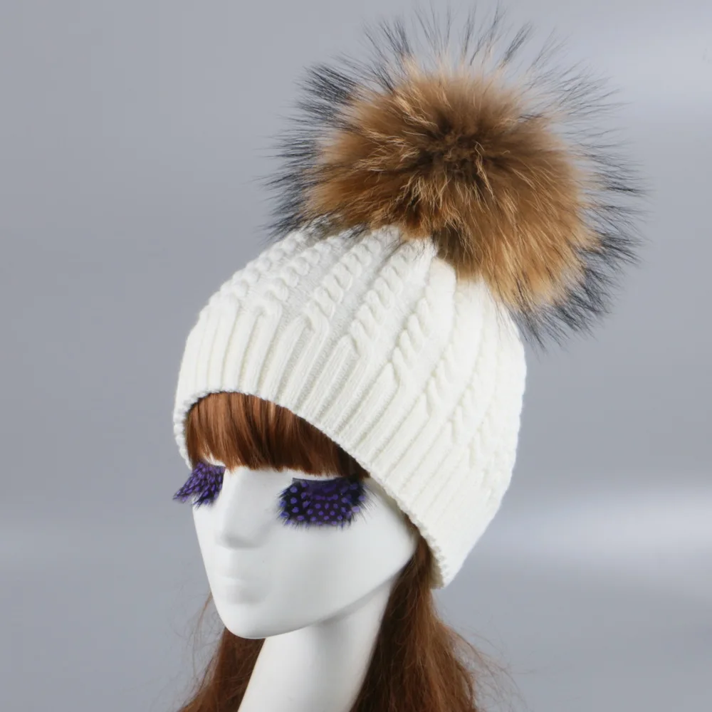 Женская брендовая вязаная зимняя шапка настоящая норка лиса помпон шар