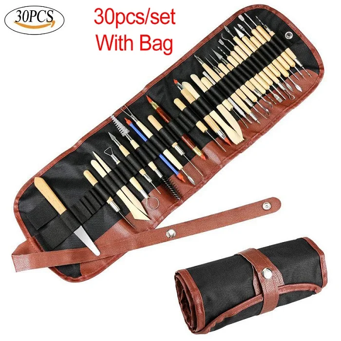 30pcs With Bag 11/27/30 шт инструменты для керамики глины Скульптура инструменты полимерная инструмент для лепки керамика Моделирование резные сглаживания воск комплект - Цвет: 30pcs With Bag