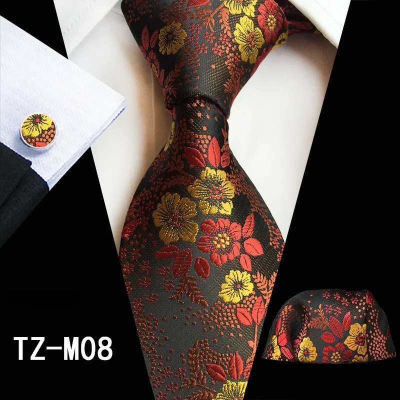 TZ-M08 Мужские галстуки, набор,, жаккардовые шелковые галстуки, карманные Квадратные запонки, модные цветочные полосатые пледы, галстуки для мужчин, 8 см, Corbatas, черные - Цвет: TZ-M08
