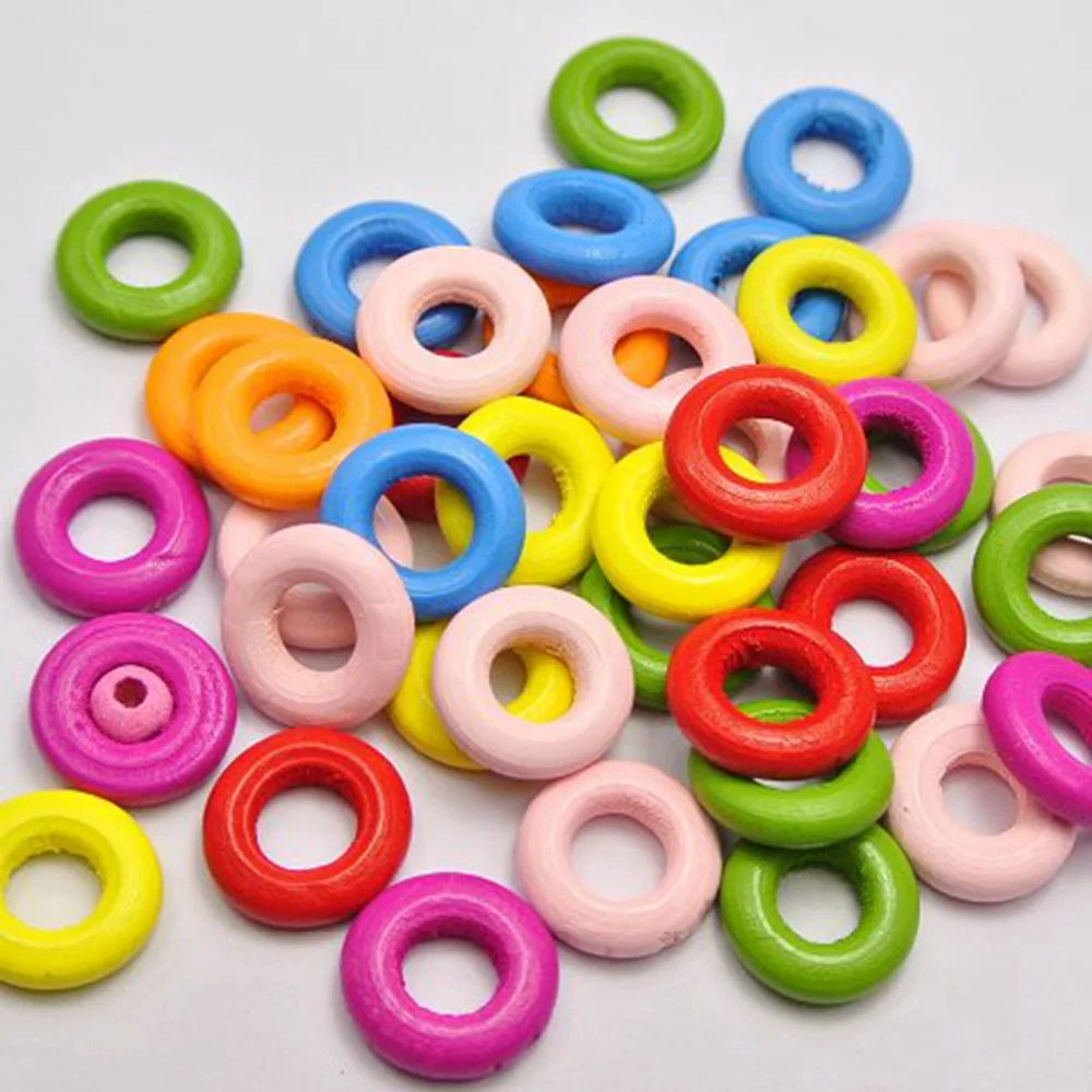 

100 Mixed Bright Candy Color Round Ring Wood Beads 15mm ~Wooden