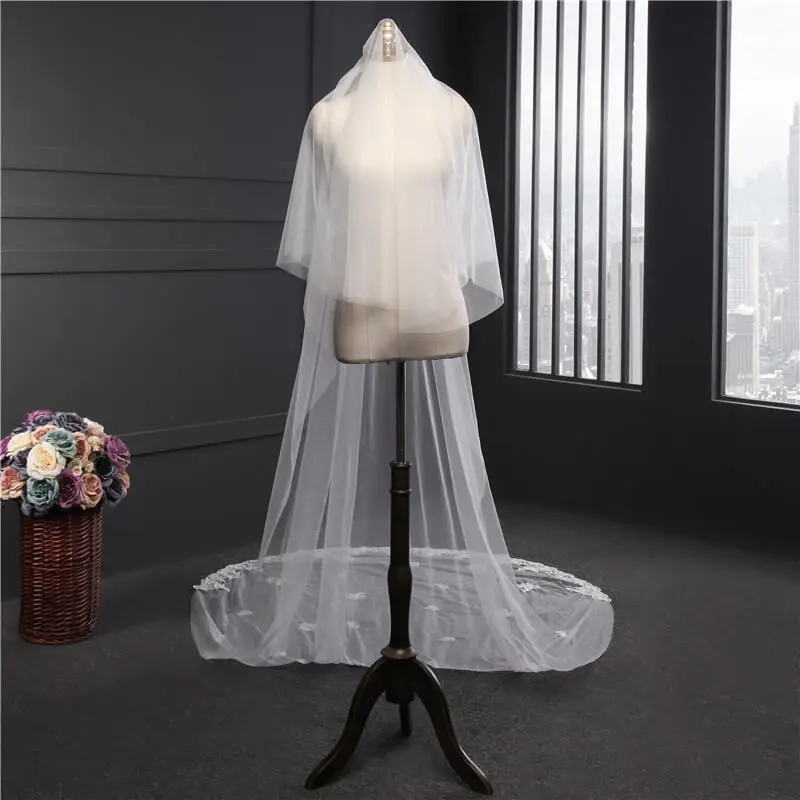 Свадебная вуаль нового дизайна 3 метра длинная Кружевная аппликация свадебная с