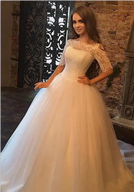 

Кружевные свадебные платья 2019 Vestidos de Novia из тюля с коротким рукавом Gelinlik дешевые свадебные платья