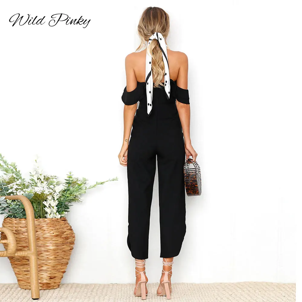 

WildPinky Sexy Backless Off Shoulder Black Jumpsuit Women Tiered Ruffle High Waist Jumpsuit Romper Female Casual Overall Femme