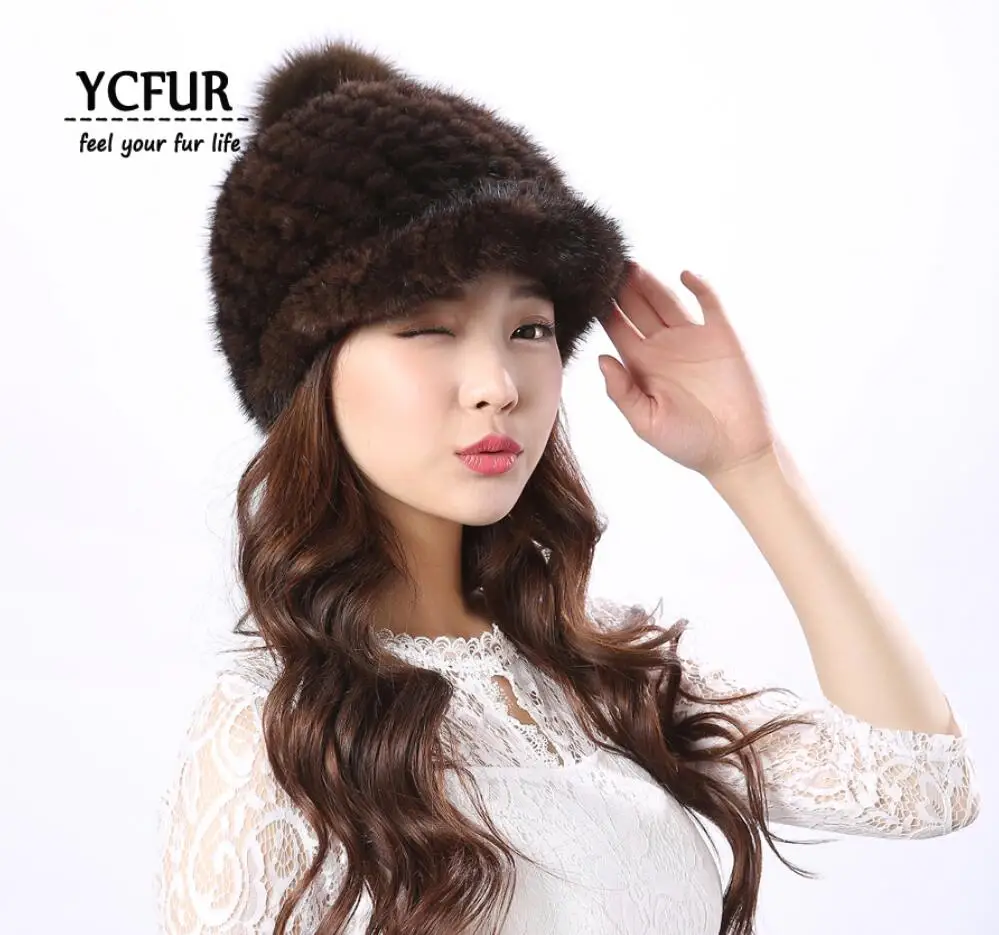 brown YCFUR, женская зимняя теплая шапка, шапки, вязаные шапки из натурального меха норки с помпоном из меха серебристой лисы, шапка бини, женская зимняя шапка - Цвет: brown