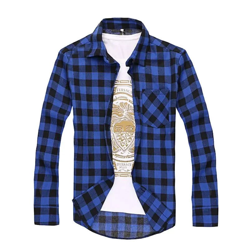 Мужская приталенная рубашка в клетку повседневная хлопковая с длинными рукавами