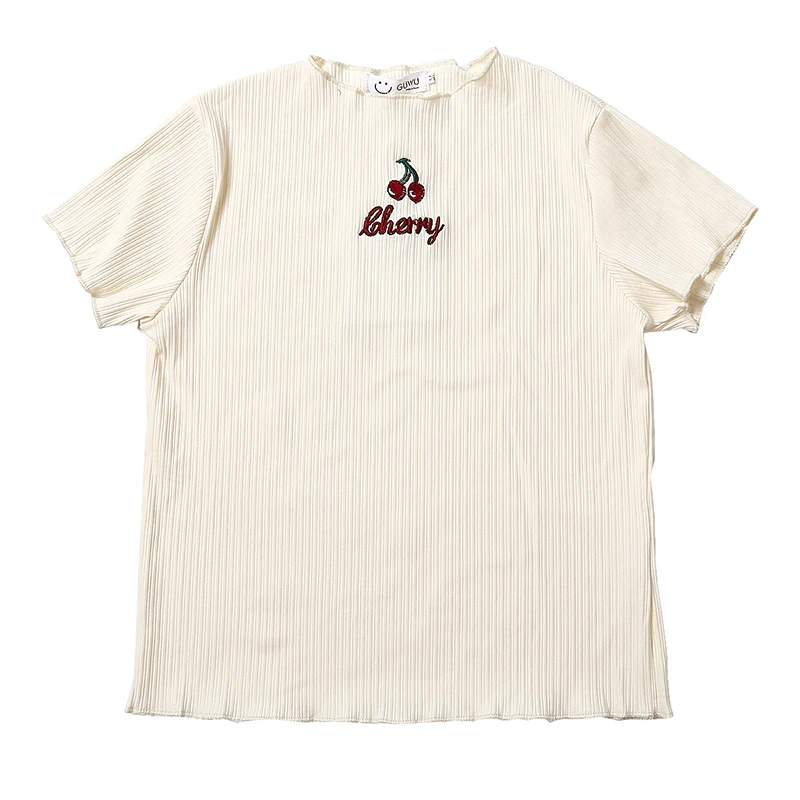 Модная трикотажная женская футболка с вышивкой вишни облегающая белая коротким