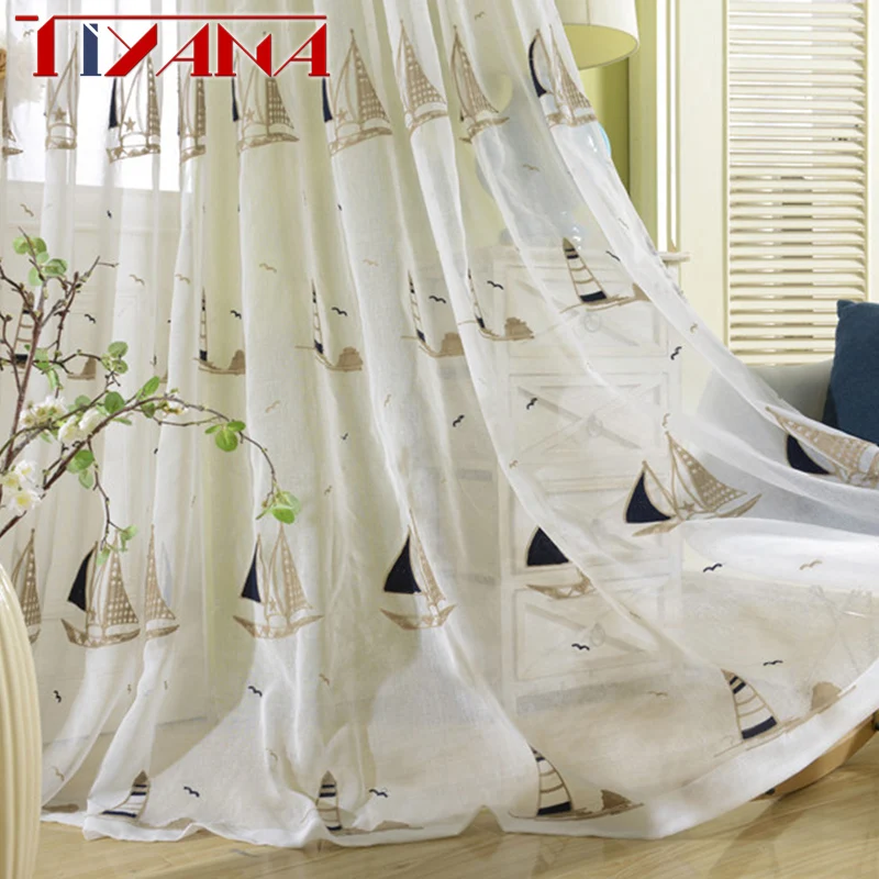 Вышитые парусники прозрачные белые льняные шторы для гостиной Детские занавески
