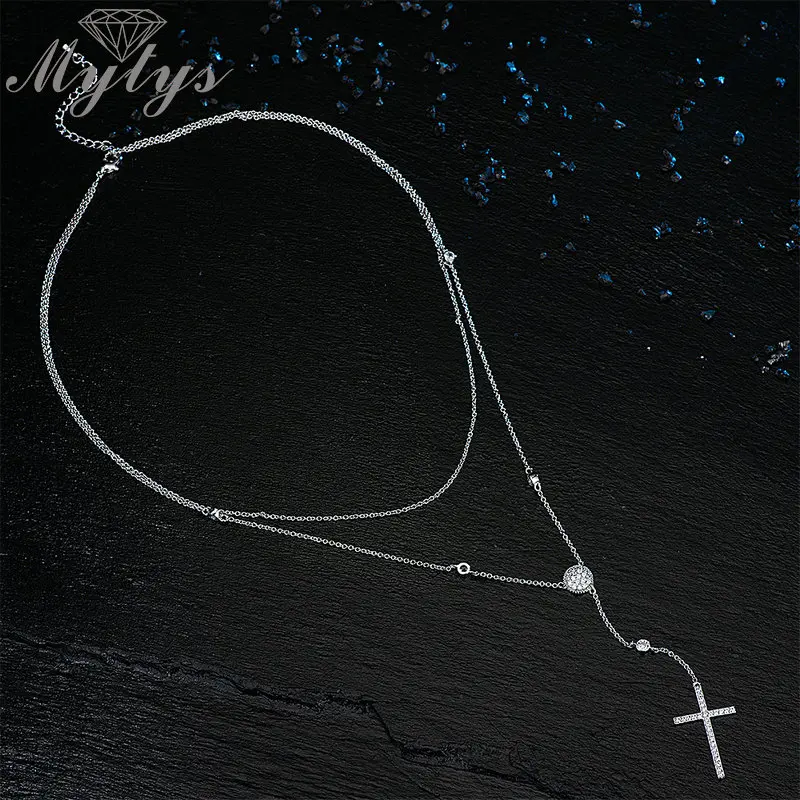 Mytys многослойное ожерелье для женщин Серебряный цвет крест кулон свитер два