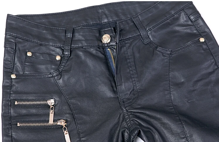 Мужские кожаные брюки на молнии черные облегающие в стиле панк размеры 30 31 32 33 34