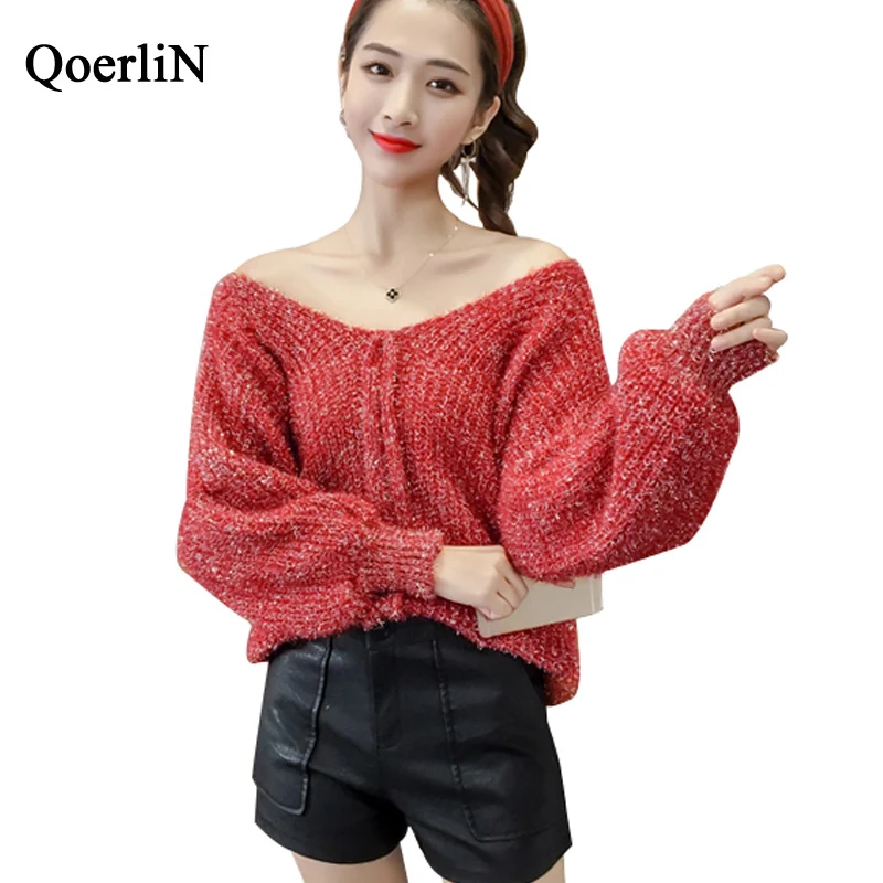 QoerliN Sexy V-Neck Sweater Winter Women Lantern Long Sleeve Pullover Lurex Loose Casual Knitting Jumper Girl Autumn New Arrival | Женская