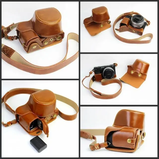 PU leather Protective Cover Pouch With Shoulder Strap For Sony NEX A6300 A6000 A6400 16-55mm Lens Camera Bag Case | Электроника