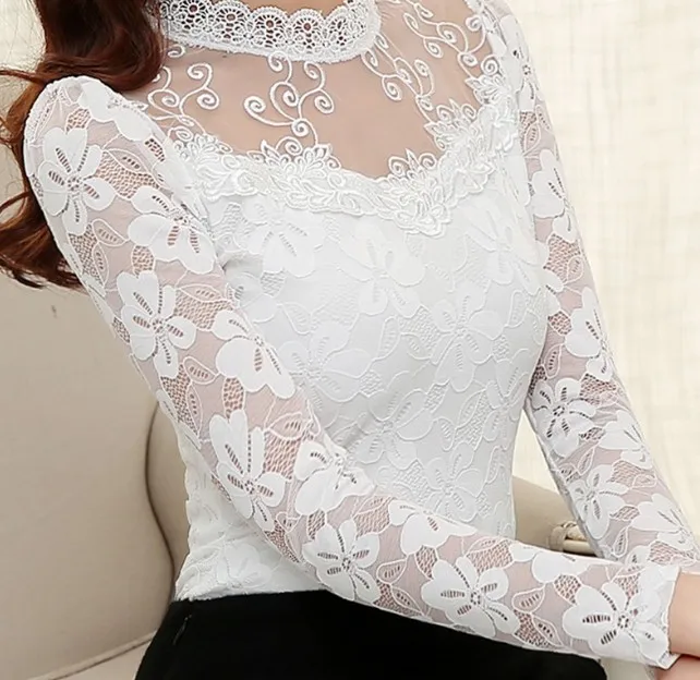 2019 размера плюс Осенние женские пикантные открытые кружевная блузка с длинным