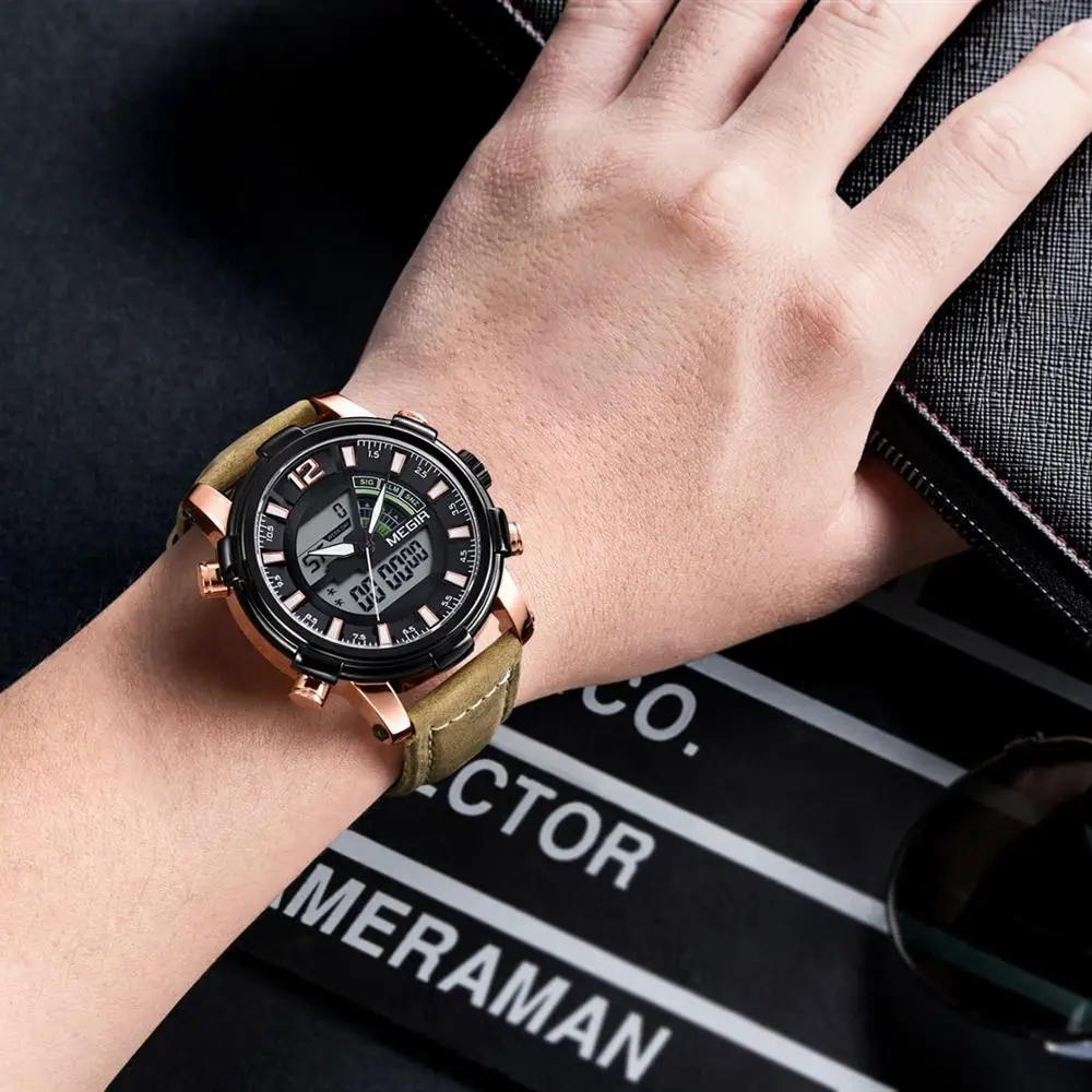 

MEGIR Top Brand Men Wrist Watch Men Watch Sport Dual Display Watch Leather Clock Complete Calendar Analog LED Clock Chronograph