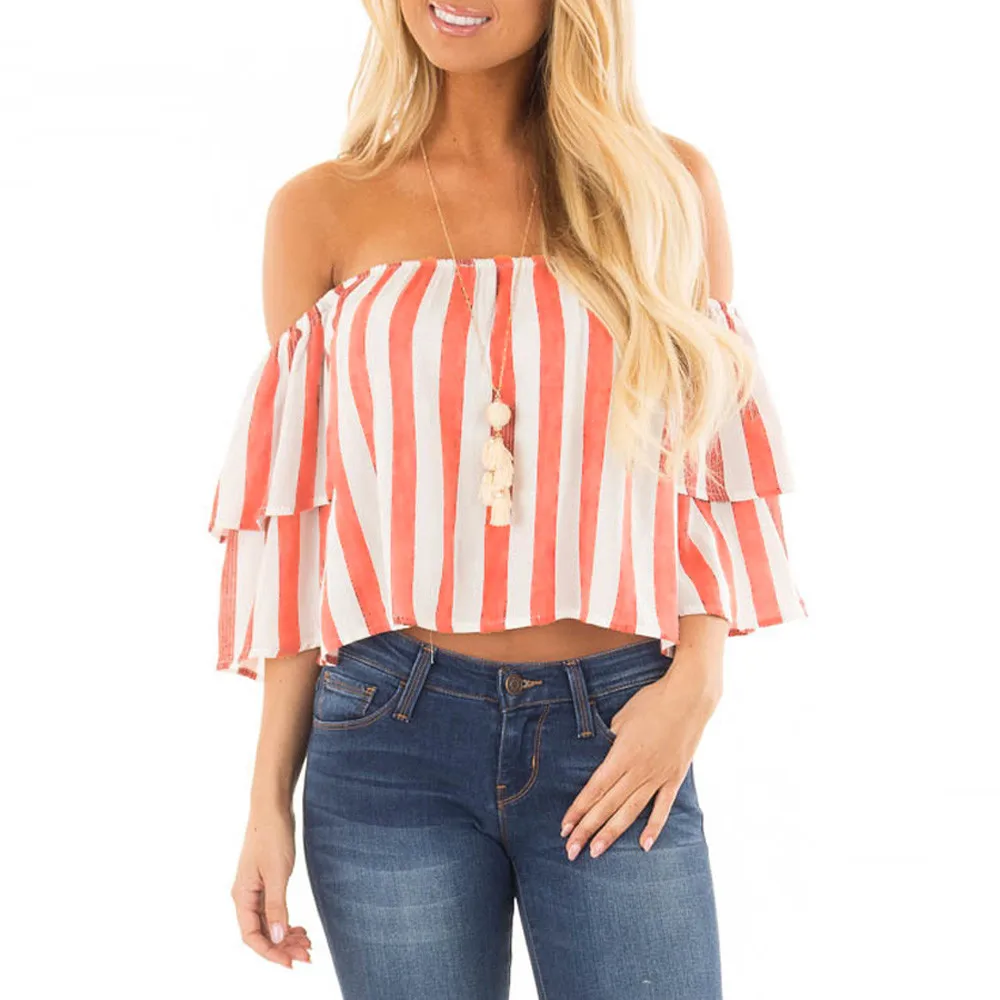 Womens fashion blouse sexy slash striped neck ladies Summer Off Shoulder tank Shirts Casual Loose Tops blusas de mujer verano |