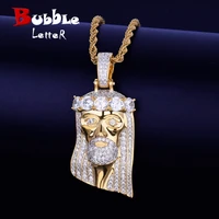iced religious jesus head pendant necklace gold color bling cubic zircon mens hip hop jewelry for gift