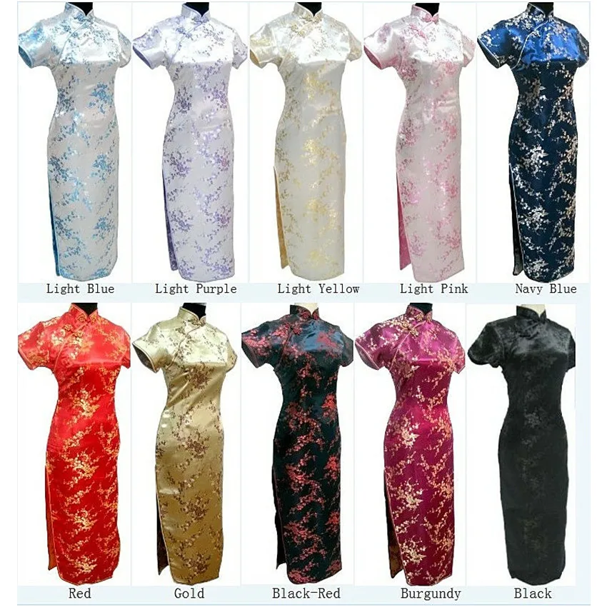 Женское атласное платье Ципао темно синего цвета традиционное китайское длинное