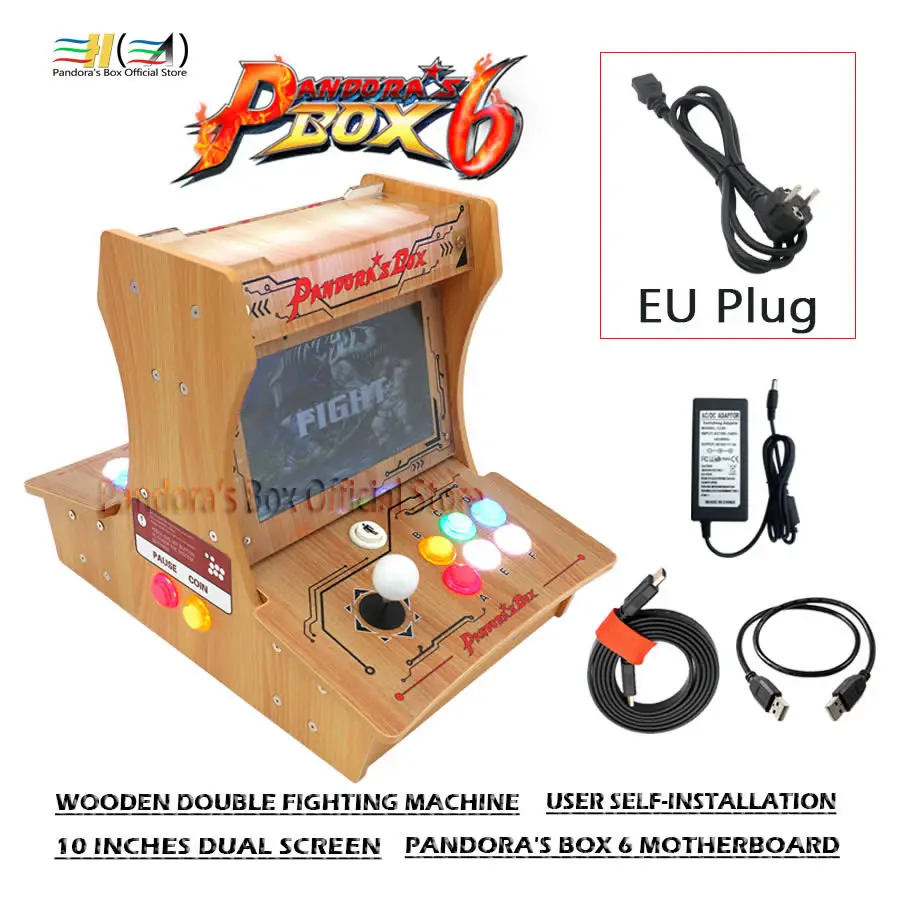 pb6 arcade EU plug Ящик Pandora 6 деревянный двойной Боевая машина 10 дюйм(ов) двойной экран пользователь самоустановка DIY Мини бартоп аркадная машина - Цвет: pb6 arcade EU plug