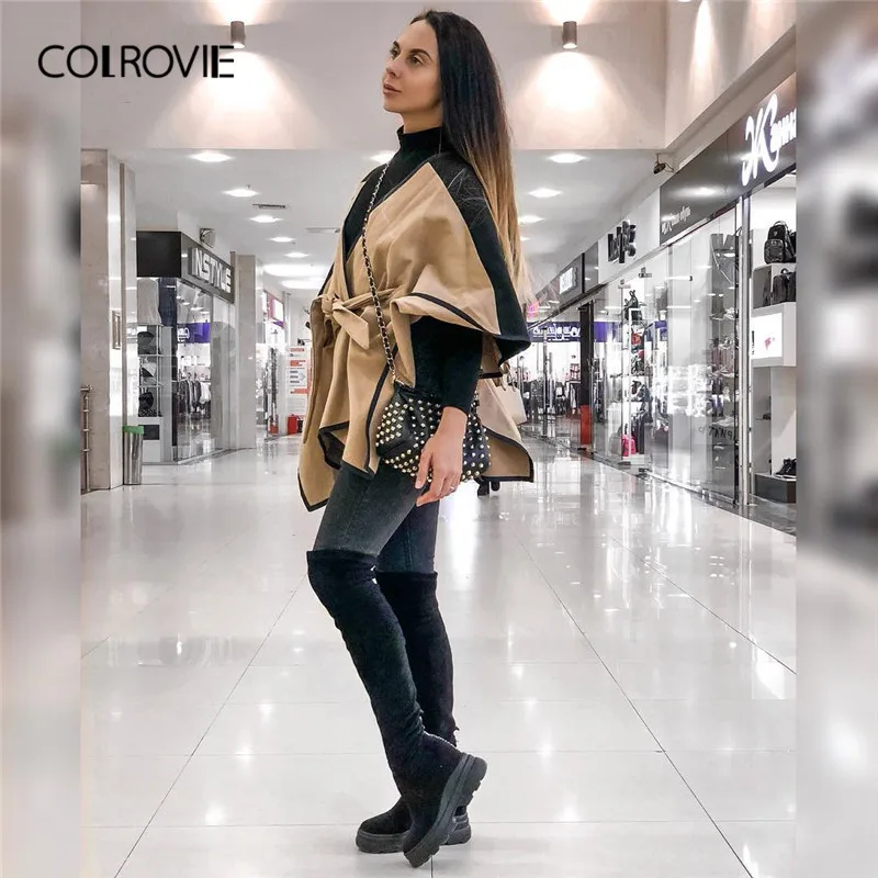 COLROVIE хаки модное женское пальто со шнуровкой осеннее элегантное женское пальто с ремнем Современное женское пальто Highstreet