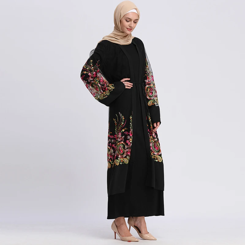 Abaya дубай ислам кафтан с цветочной вышивкой сетчатый кардиган мусульманский