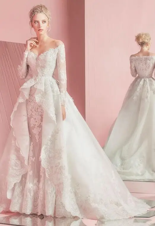 Белый Романтический Русалка Свадебные платья со съемной overskirts Кружево одежда с длинным рукавом Милая Аппликация Весна Пляж Свадебные платья - Цвет: Белый