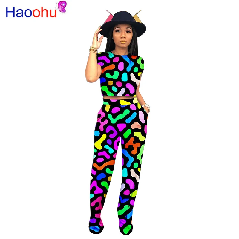 

Geometric Print Sexy Two Piece Tracksuit Women O Neck Short Sleeve Crop Top And Wide Leg Pants Sweatsuits Summer Club Outfits