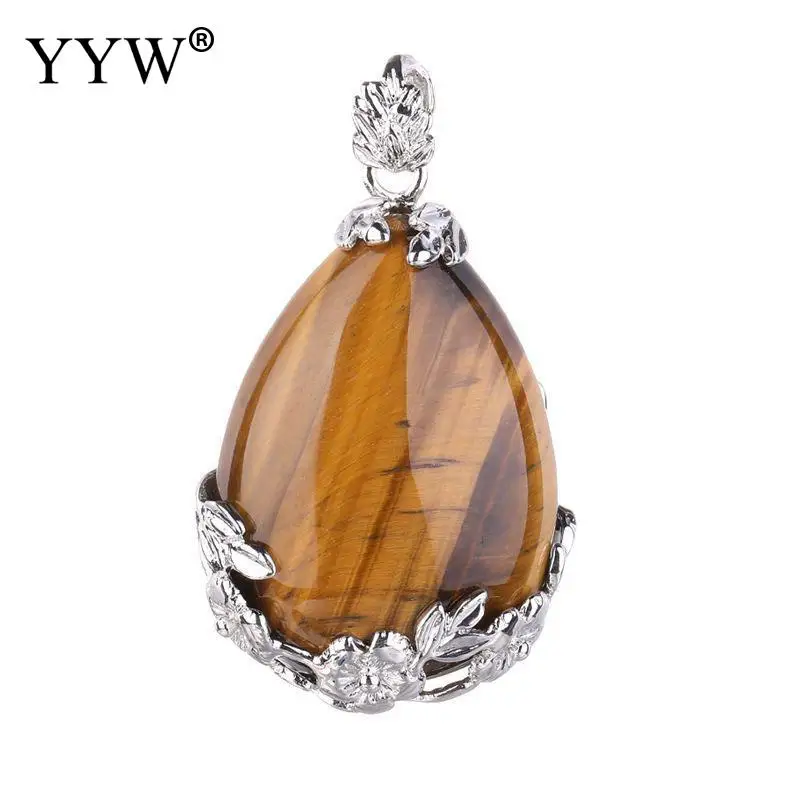 tiger eye Натуральный аметисты Бирюзовый прозрачный кварц Лазурит море Опал тигровый глаз камень кулон КАПЛЕВИДНАЯ Цветок Подвесные Ожерелья - Окраска металла: tiger eye