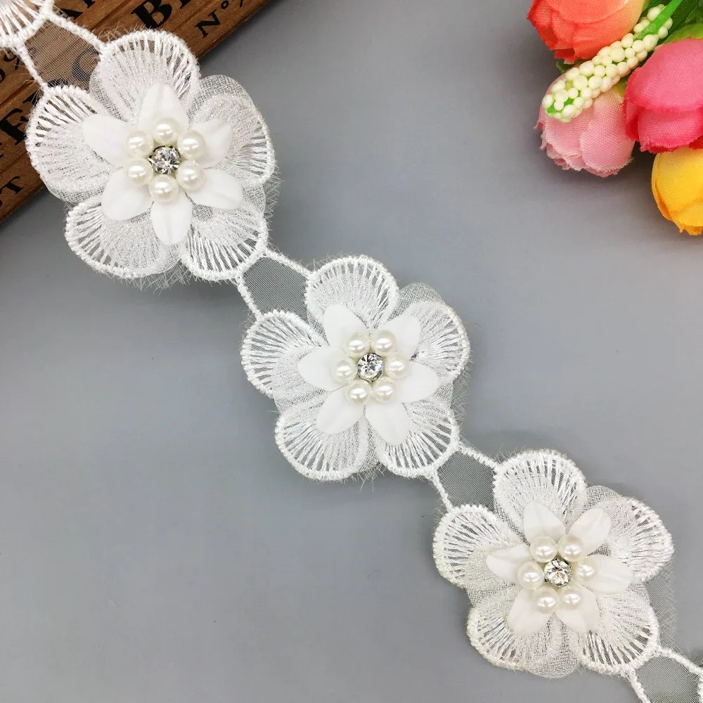 50x Nigerian Lace Fabric 2019 White Pearl Beaded Flowers Rhinestones Trim Embroidered Applique Wedding Dress Sewing Craft | Дом и сад