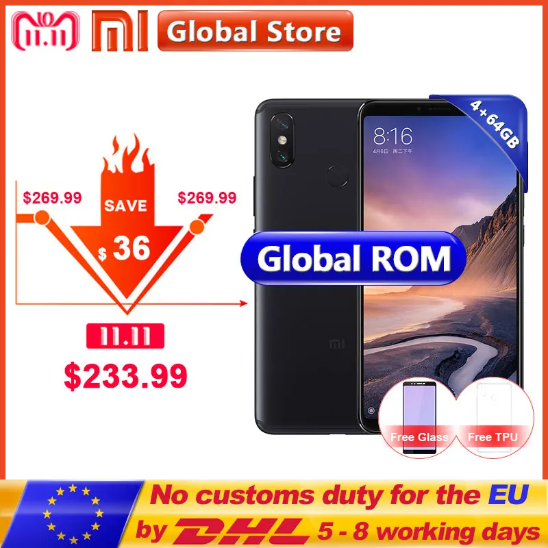 Оригинальный Xiaomi Mi макс 3 4 ГБ Оперативная память 64 Встроенная мобильного
