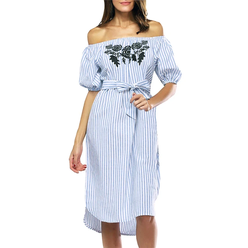 Новинка 2019 года для женщин синий в полоску летнее платье с открытыми плечами