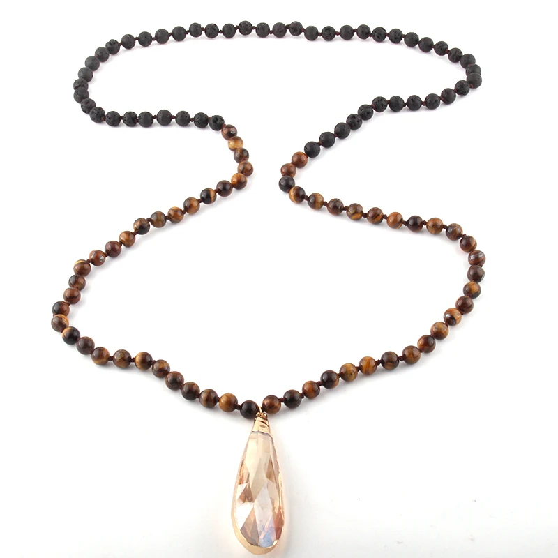 

MOODPC Fashion Bohemian Jewelry 108pc Tiger Eye/Lava Stone Knotted Big Crystal Drop Pendant Necklace For Women Ethnic Necklace