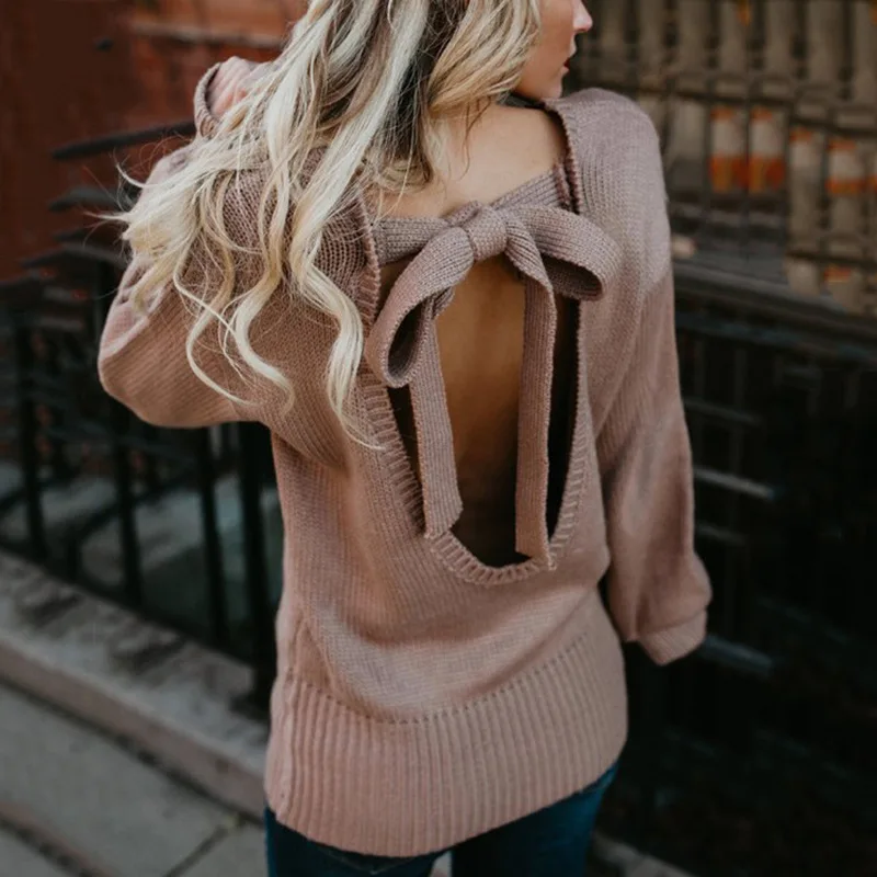 Сексуальный женский пуловер с открытой спиной вязаный свитер модный весенний