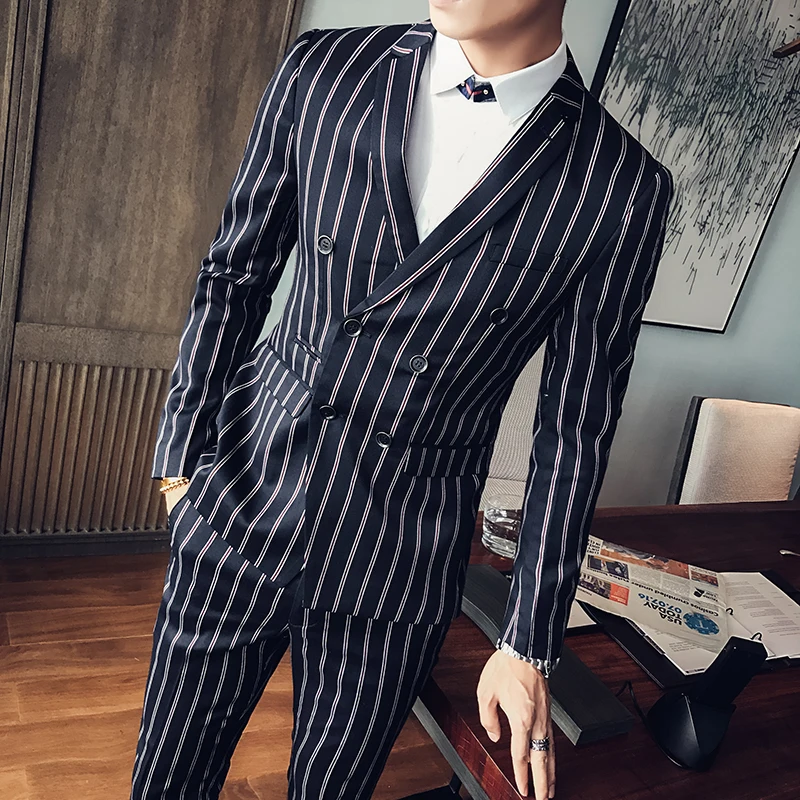 2017 мужские костюмы в полоску костюм двойка двубортные Ternos Slim Fit Smoking Masculino для