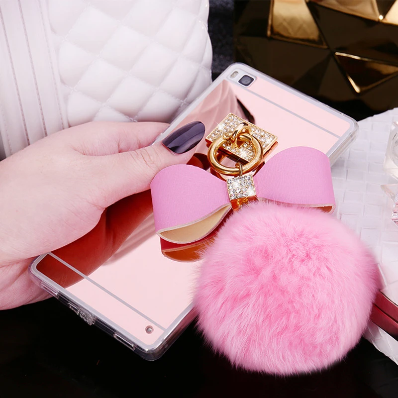 For Huawei P20 Glitter Fake Rabbit Fur Ball Mirror Case Honor 9 8 7 6X V8 Lite Cover Coque Shell Housing |