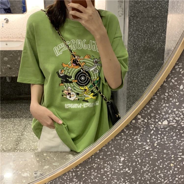 Женская летняя Модная брендовая футболка Ulzzang в Корейском стиле с мультяшным принтом и коротким рукавом, Женская Повседневная Свободная зеленая футболка с авокадо