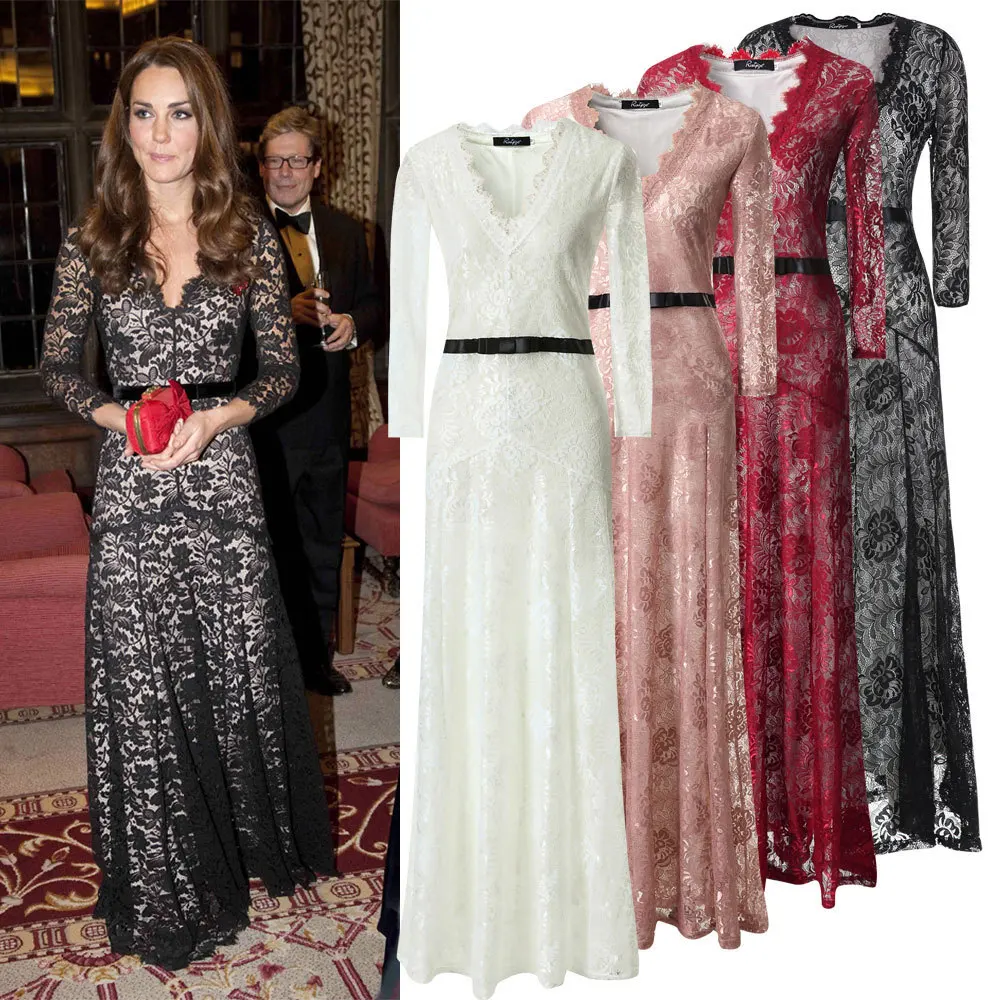 Сексуальные женщины платье V шеи полный рукав кружева макси длиной до пола