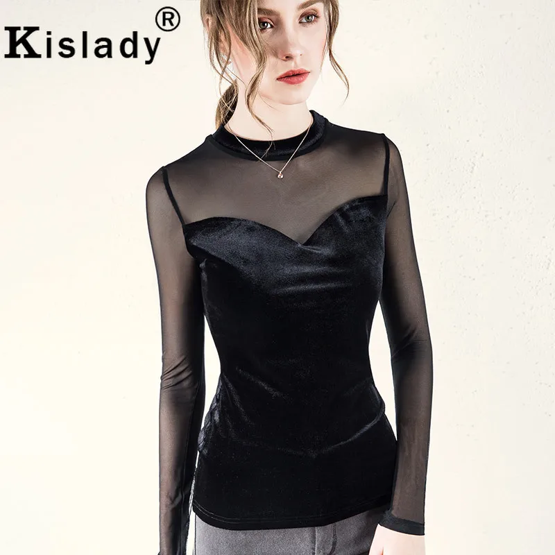 Kisaldy новые женские сетчатые Лоскутные рубашки с круглым вырезом облегающие