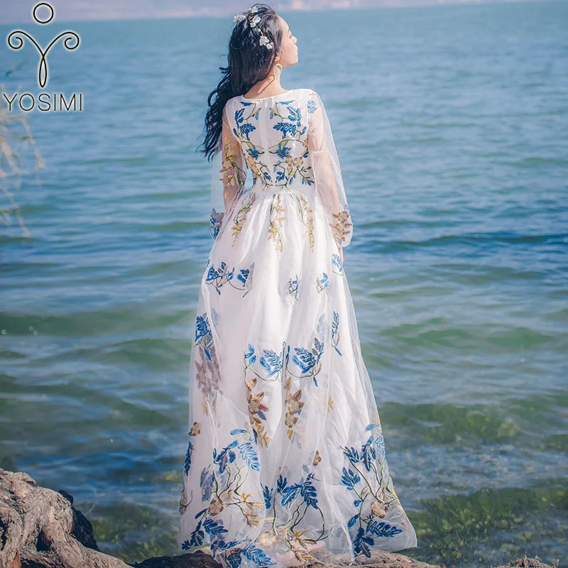Женское платье с длинным рукавом YOSIMI длинное винтажное цветочной вышивкой