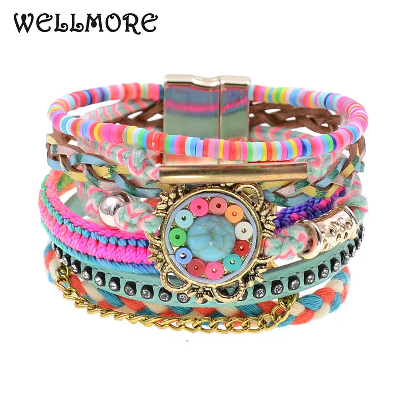WELLMORE women bracelet Leather bracelets bohemia colorful beaded charm bracelets for women fashion jewelry drop shipping