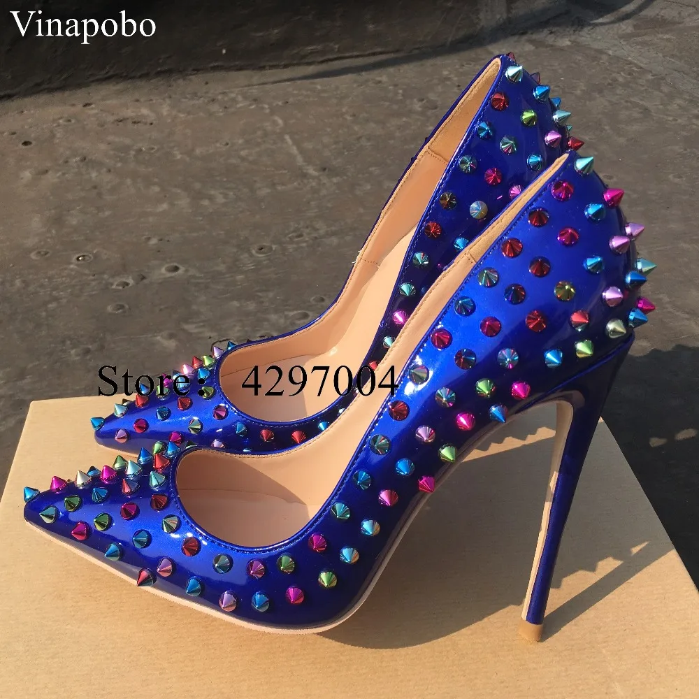 Классические женские туфли-лодочки с заклепками Роскошные Синие туфли на