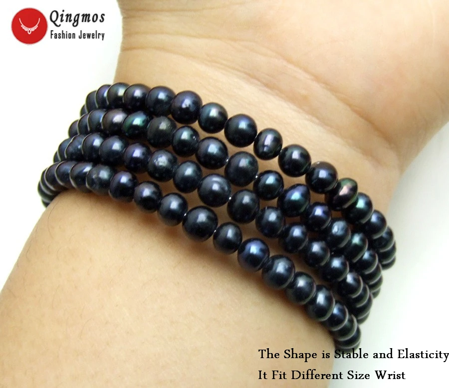 Qingmos Trendy Natural Pearl Bracelets for Women with 4-5mm Round Black Steel Wire Wrap Bracelet Fine Jewelry 28'' bra446 |