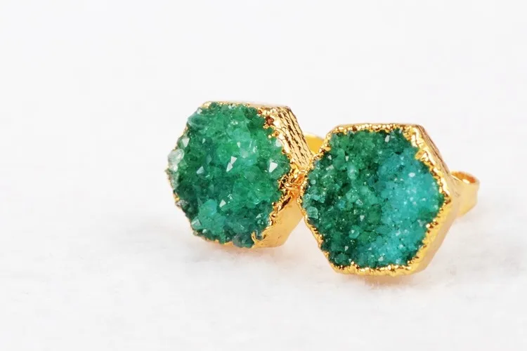BOROSA Druzy, 1 пара, шестигранные серьги-гвоздики с натуральным кристаллом, золотой цвет, зеленые Агаты, драгоценные камни, ювелирные изделия, G0429-2