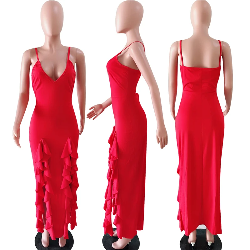 Spaghetti Strap V-Neck Split Ruffles Dress Women Autumn Bodycon Sleeveless Dresses Elegant Sexy Backless Maxi Long Vestido | Женская